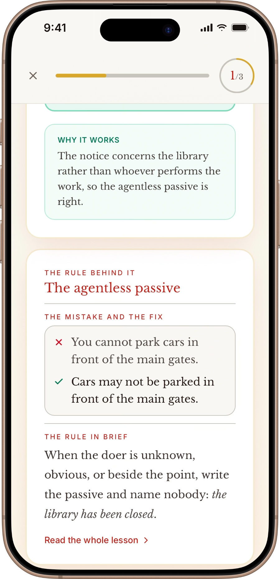 A grammar rule with its mistake and fix